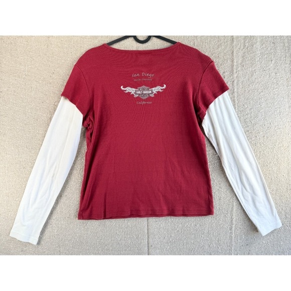 Womens Sz Large Harley Davidson Red Long Sleeve Blouse Top Shirt San Diego - Picture 7 of 7